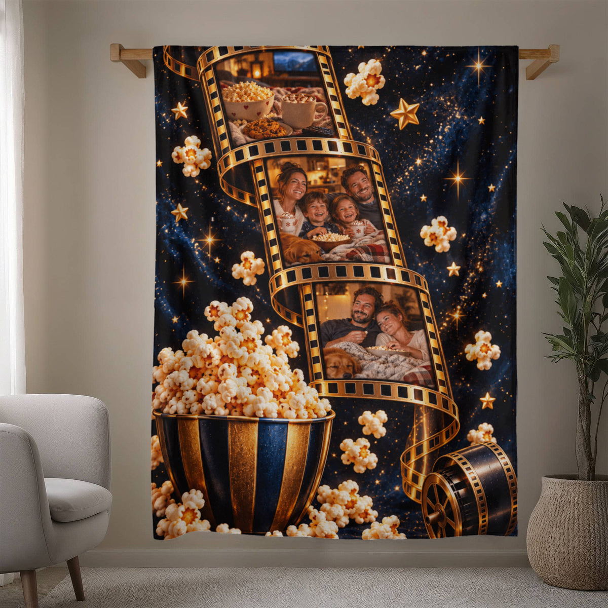 Personalized Movie Night Photo Blanket – Custom 3-Photo Film Strip