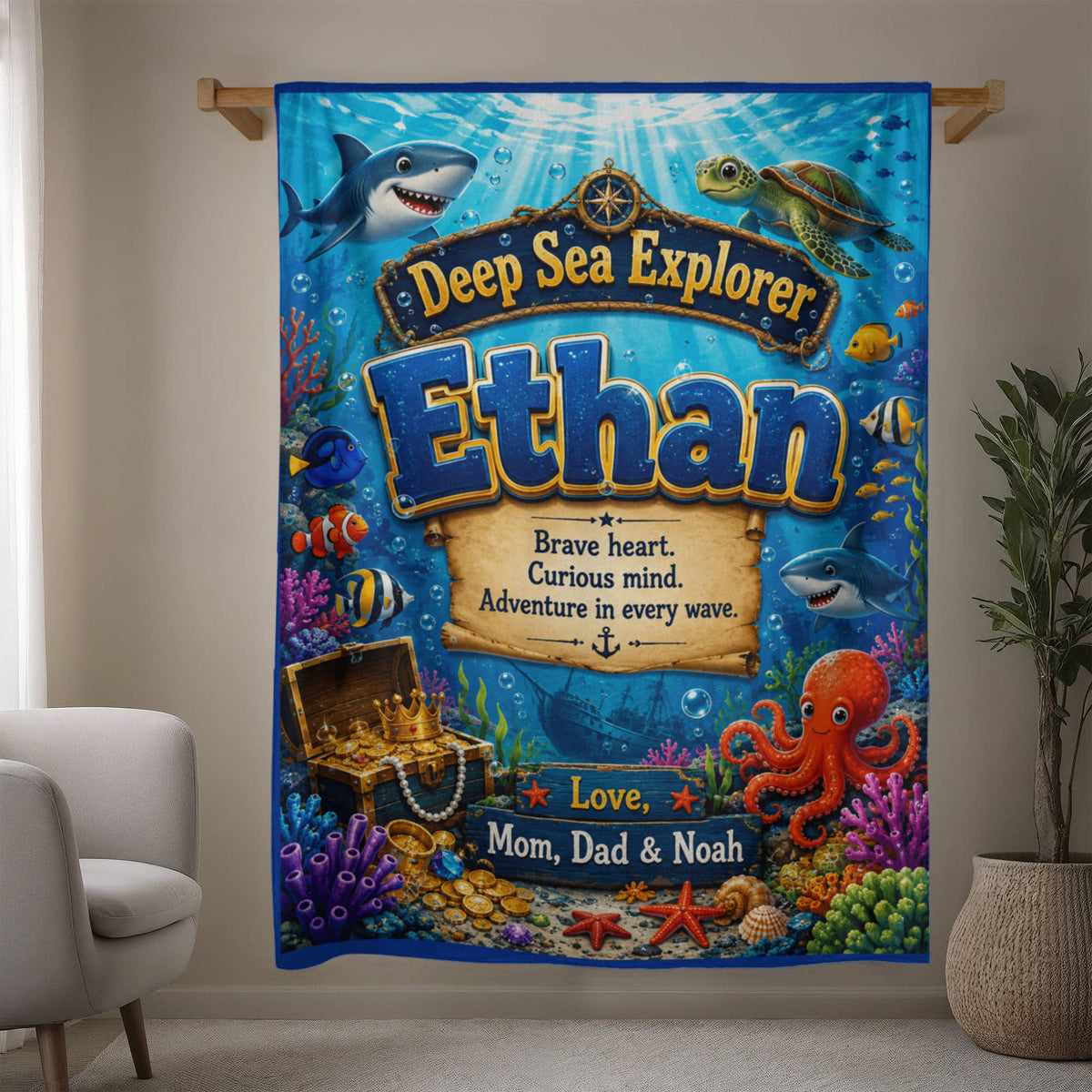 Deep Sea Explorer Personalized Ocean Adventure Blanket for Boys