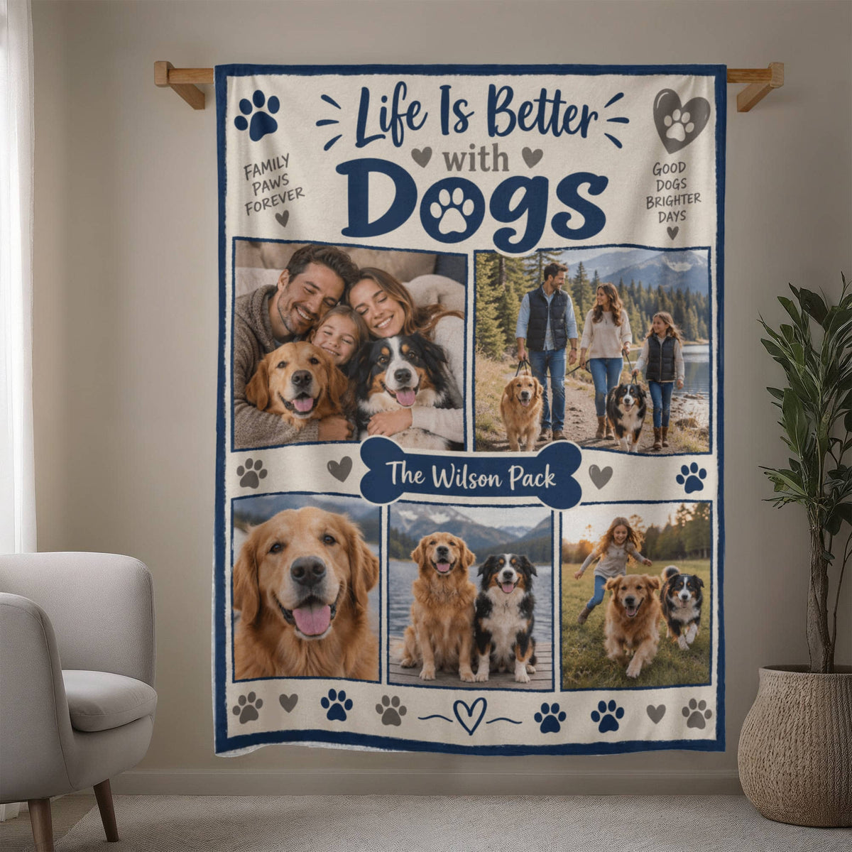 Personalized Dog Photo Blanket hanging in a living room
