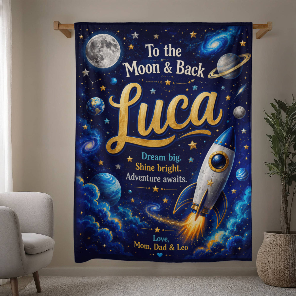 To the Moon & Back Personalized Space Adventure Blanket for Boys