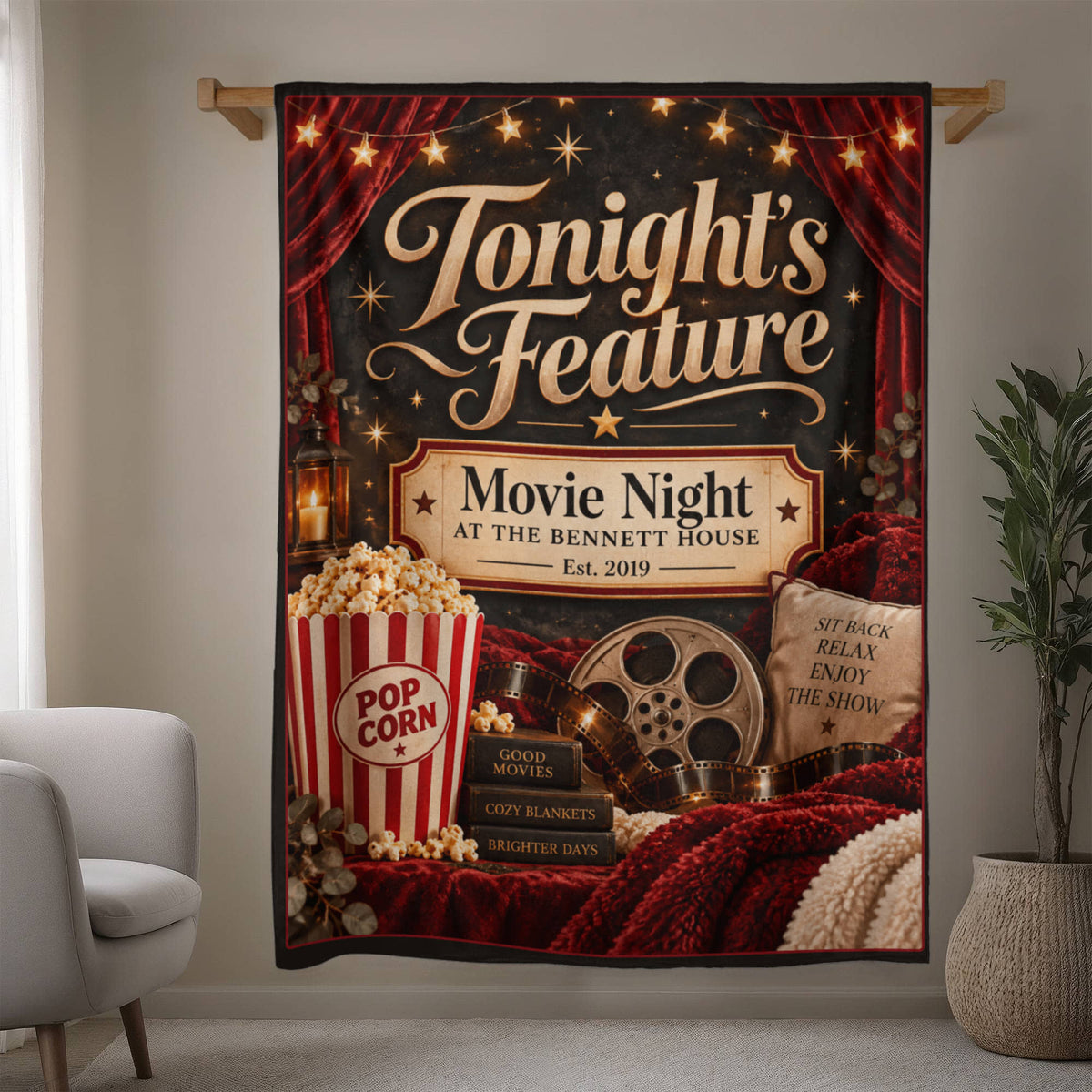 Personalized Family Movie Night Blanket – Custom Last Name & Est. Year