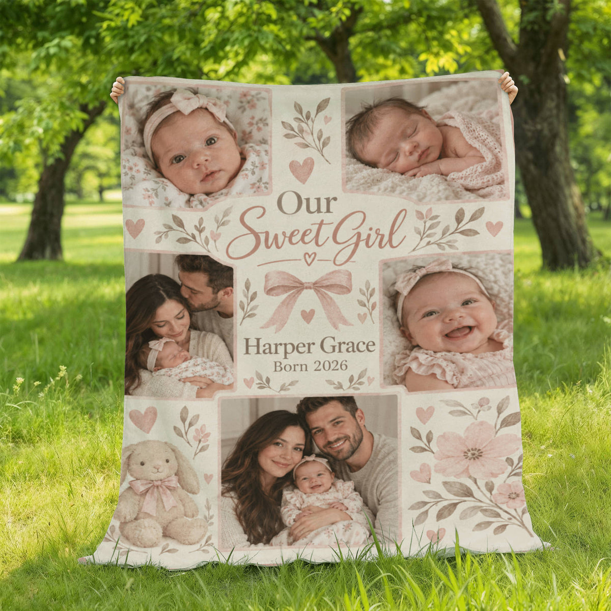 Personalized Baby Girl Photo Blanket displayed on a lawn