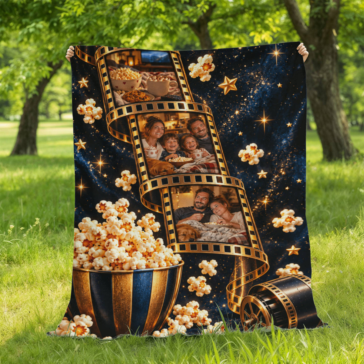 Personalized Movie Night Photo Blanket – Custom 3-Photo Film Strip