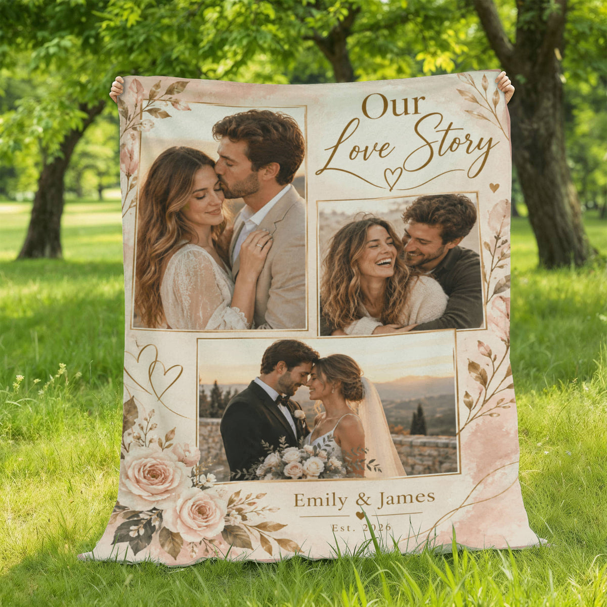 Personalized Couples Photo Blanket displayed on a lawn