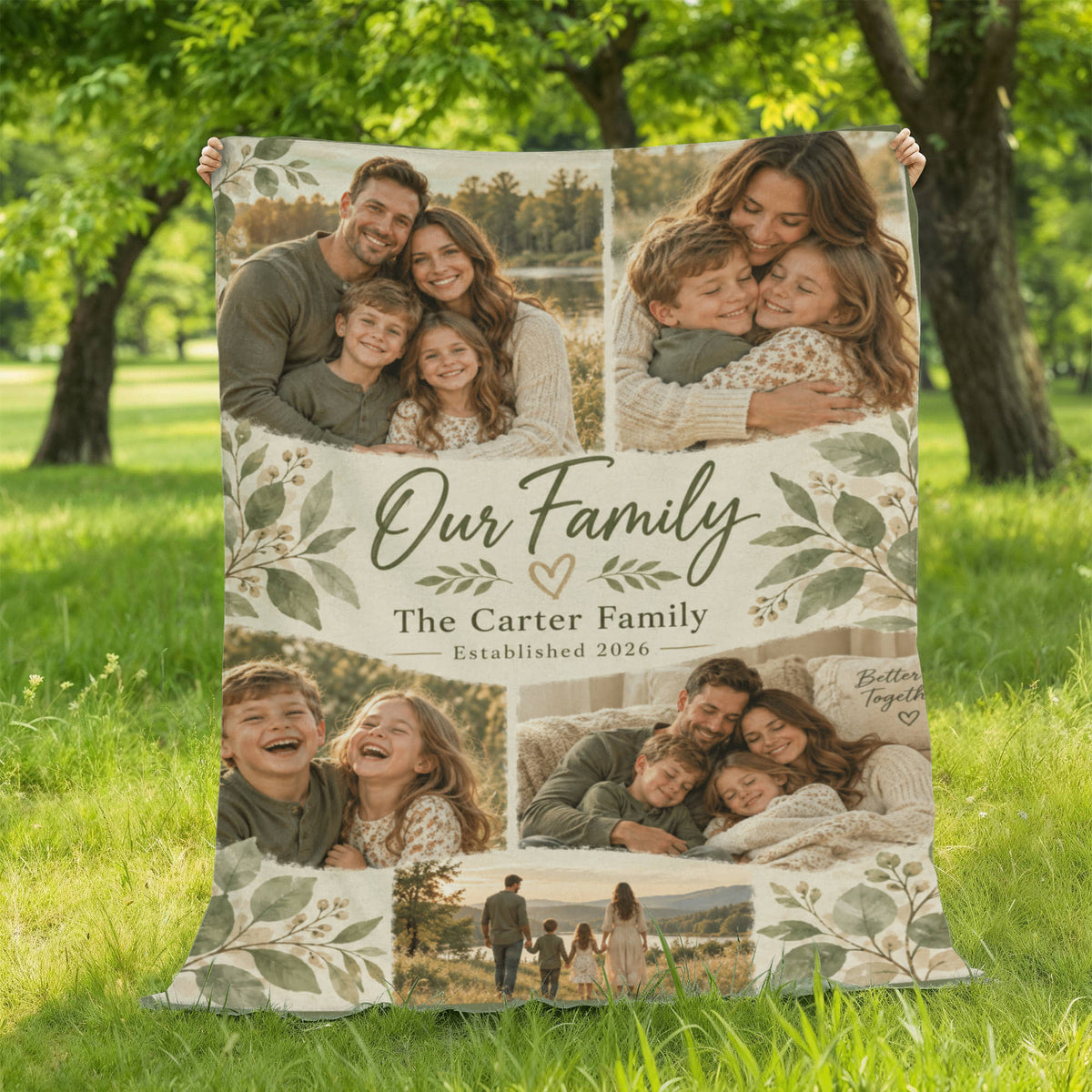 Personalized Family Photo Blanket displayed on a lawn