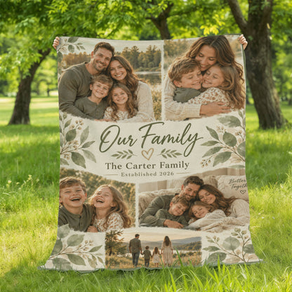 Personalized Family Photo Blanket displayed on a lawn