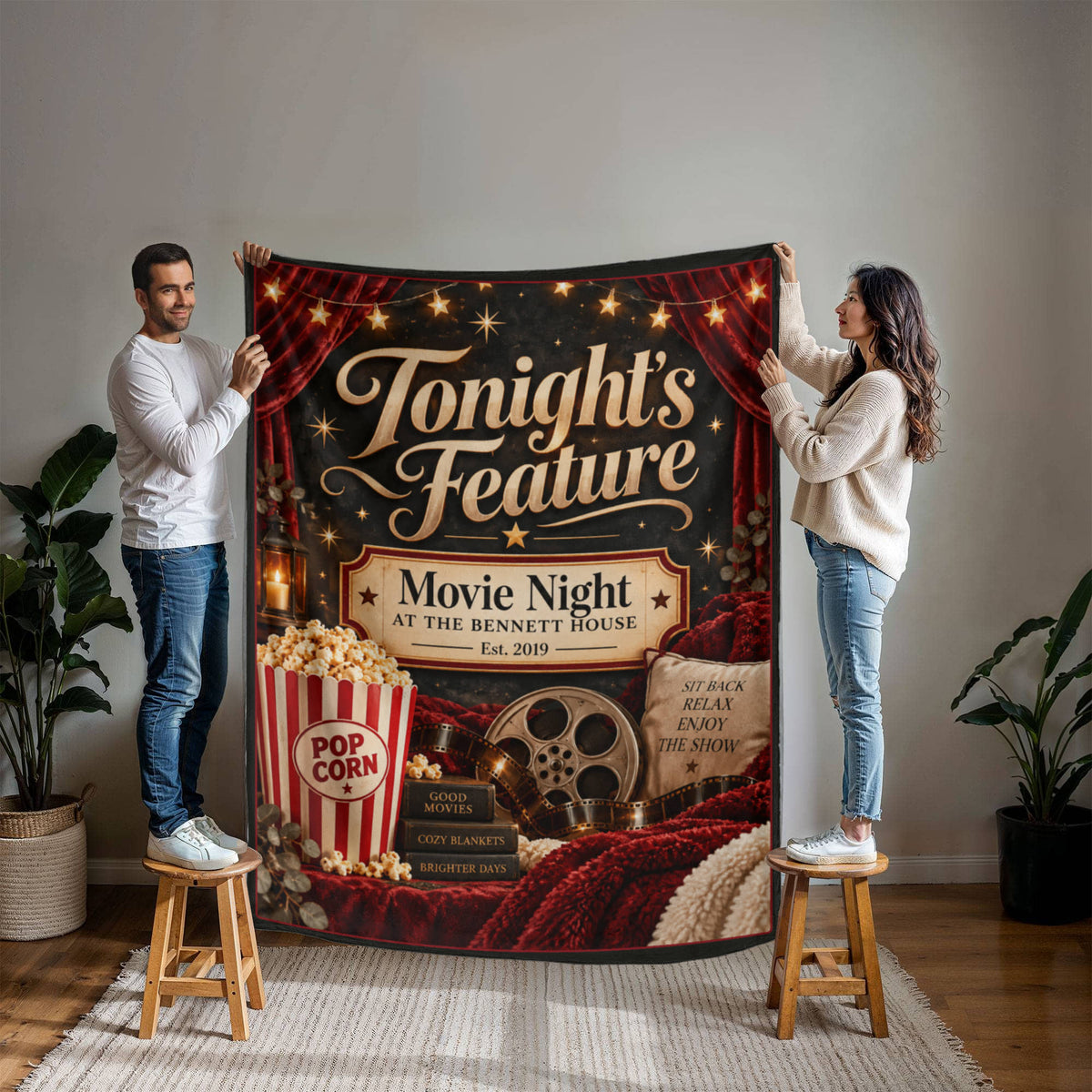 Personalized Family Movie Night Blanket – Custom Last Name & Est. Year