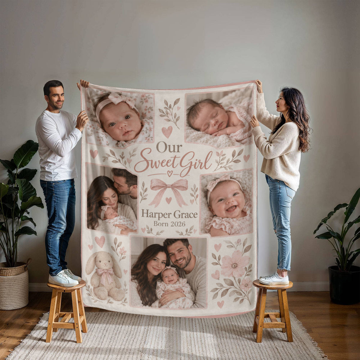 Personalized Baby Girl Photo Blanket held open by two people