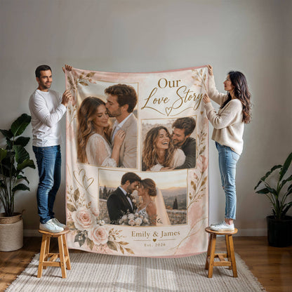 Personalized Couples Photo Blanket held open by two people