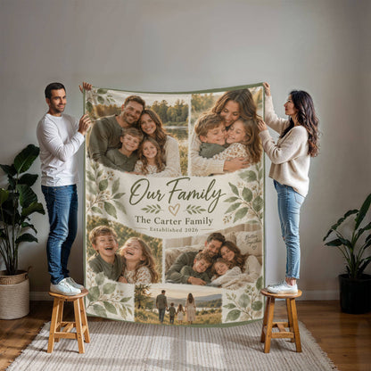Personalized Family Photo Blanket held open by two people