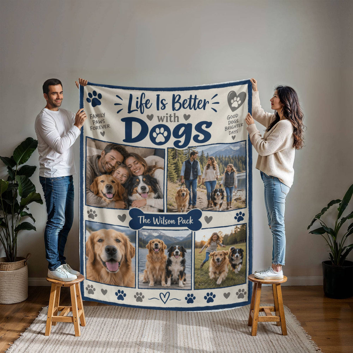 Personalized Dog Photo Blanket held open by two people