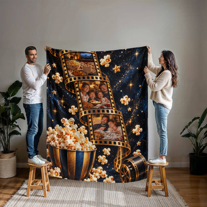 Personalized Movie Night Photo Blanket – Custom 3-Photo Film Strip