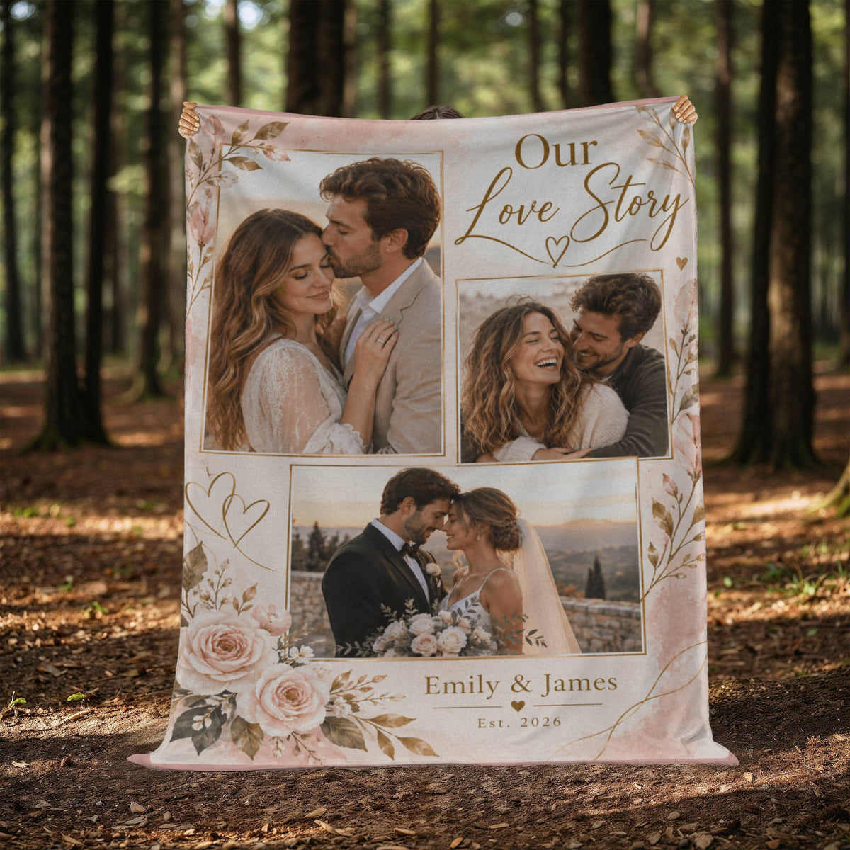 Personalized Couples Photo Blanket displayed outdoors