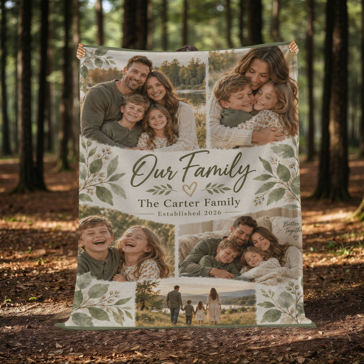 Personalized Family Photo Blanket displayed outdoors
