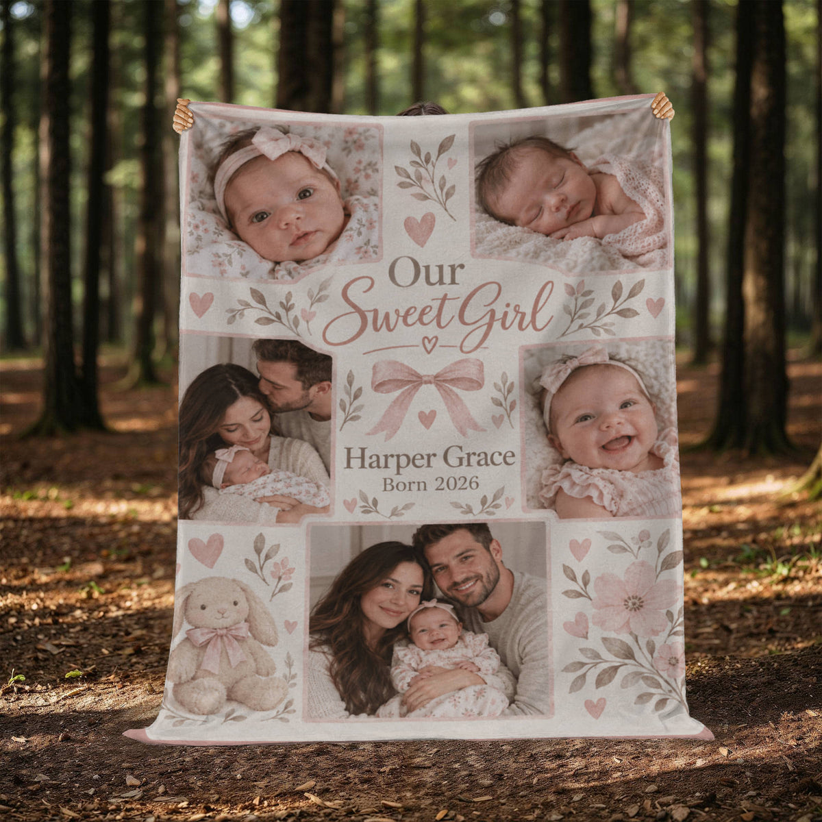 Personalized Baby Girl Photo Blanket displayed outdoors