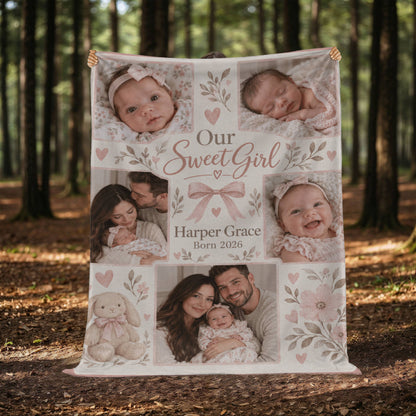 Personalized Baby Girl Photo Blanket displayed outdoors