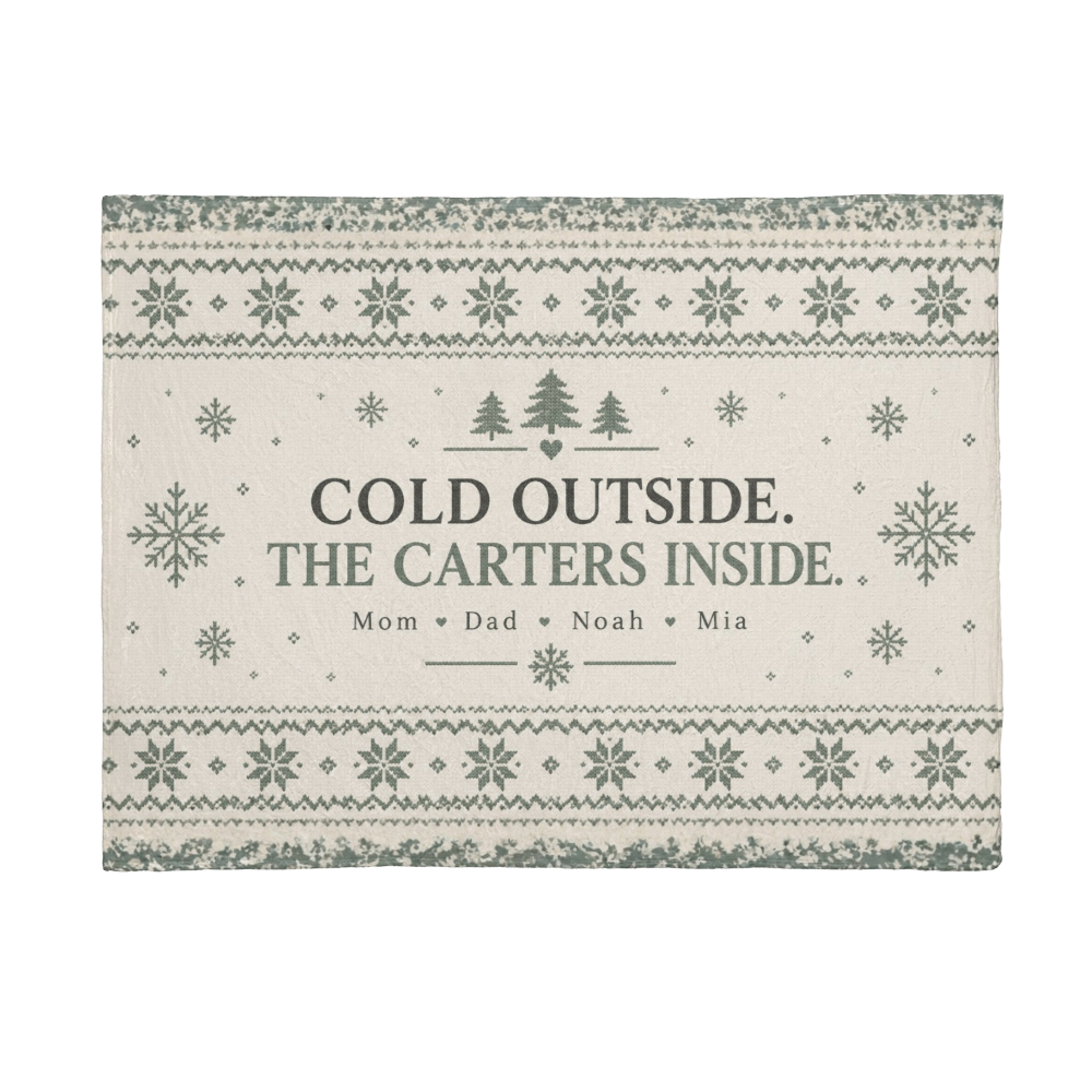 Flat view of the personalized Cold Outside, Family Inside blanket artwork in cream and sage, with sample Carter family names.