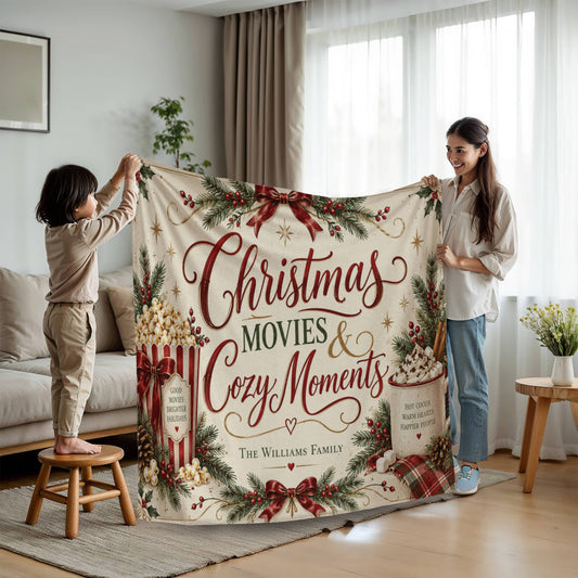 Mother and child holding a personalized Christmas Movies and Cozy Moments family fleece blanket with the sample Williams family name.