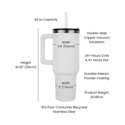 40-ounce handled tumbler dimensions, capacity, insulation and stainless steel details