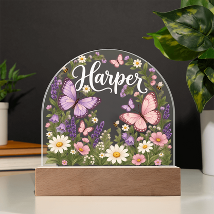Personalized Butterfly Garden LED Night Light – Custom Name Acrylic Plaque for Girls