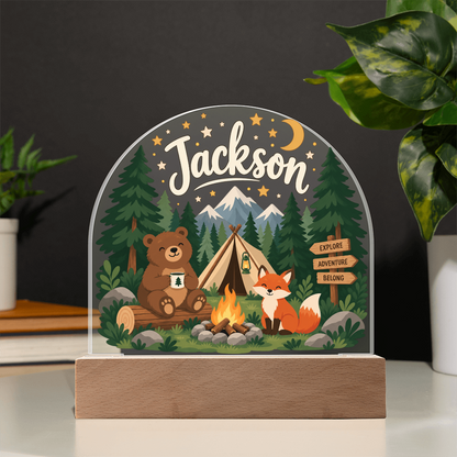 Personalized Woodland Camping LED Night Light – Custom Name Acrylic Plaque for Kids
