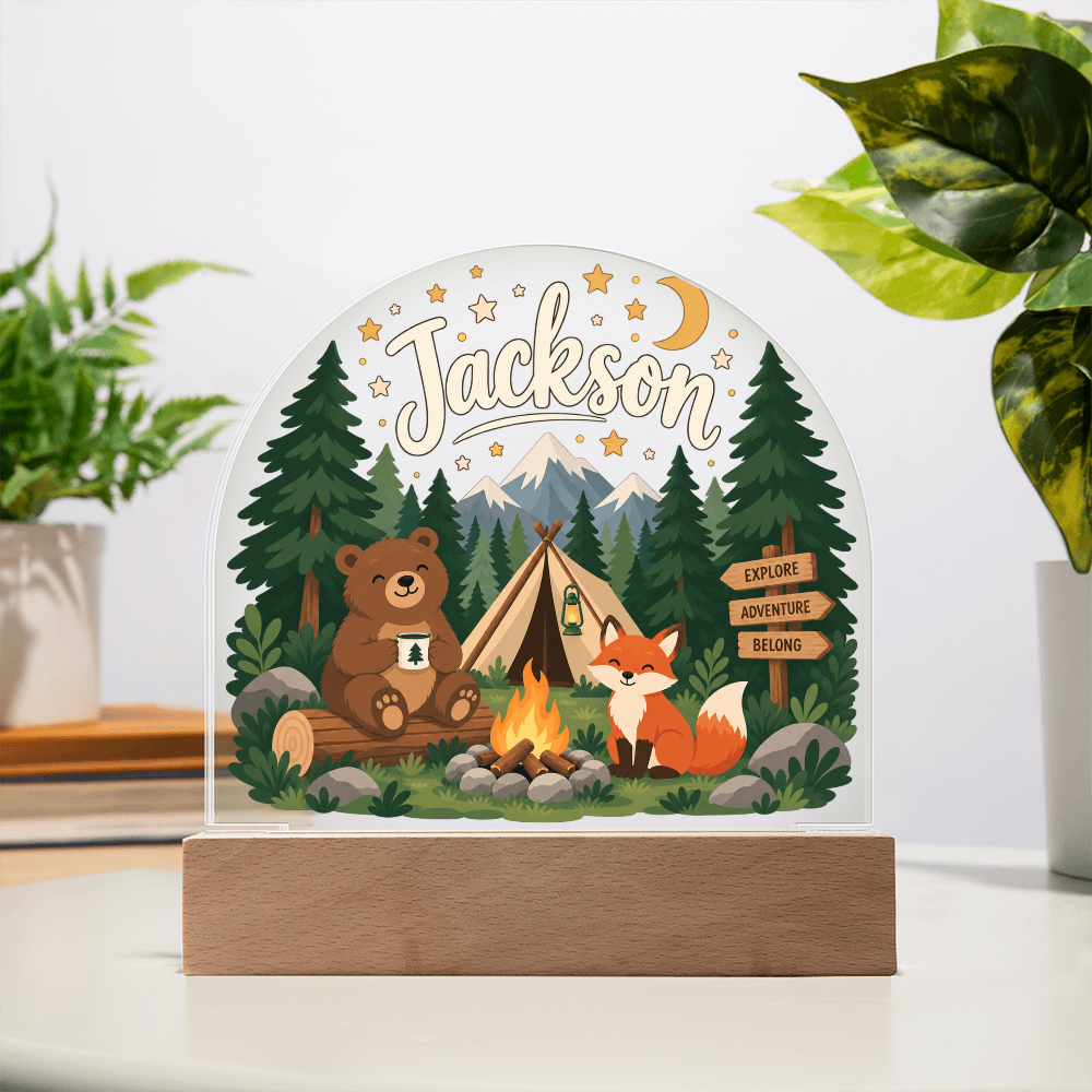 Personalized Woodland Camping LED Night Light – Custom Name Acrylic Plaque for Kids