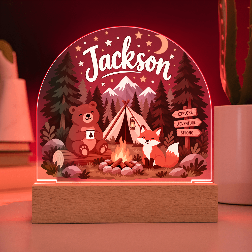 Personalized Woodland Camping LED Night Light – Custom Name Acrylic Plaque for Kids
