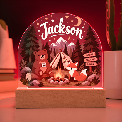 Personalized Woodland Camping LED Night Light – Custom Name Acrylic Plaque for Kids