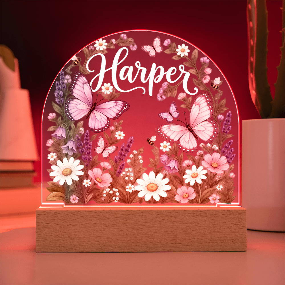 Personalized Butterfly Garden LED Night Light – Custom Name Acrylic Plaque for Girls