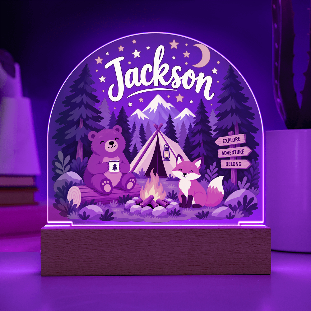 Personalized Woodland Camping LED Night Light – Custom Name Acrylic Plaque for Kids