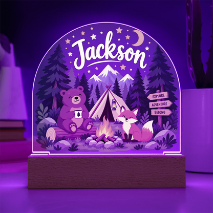 Personalized Woodland Camping LED Night Light – Custom Name Acrylic Plaque for Kids