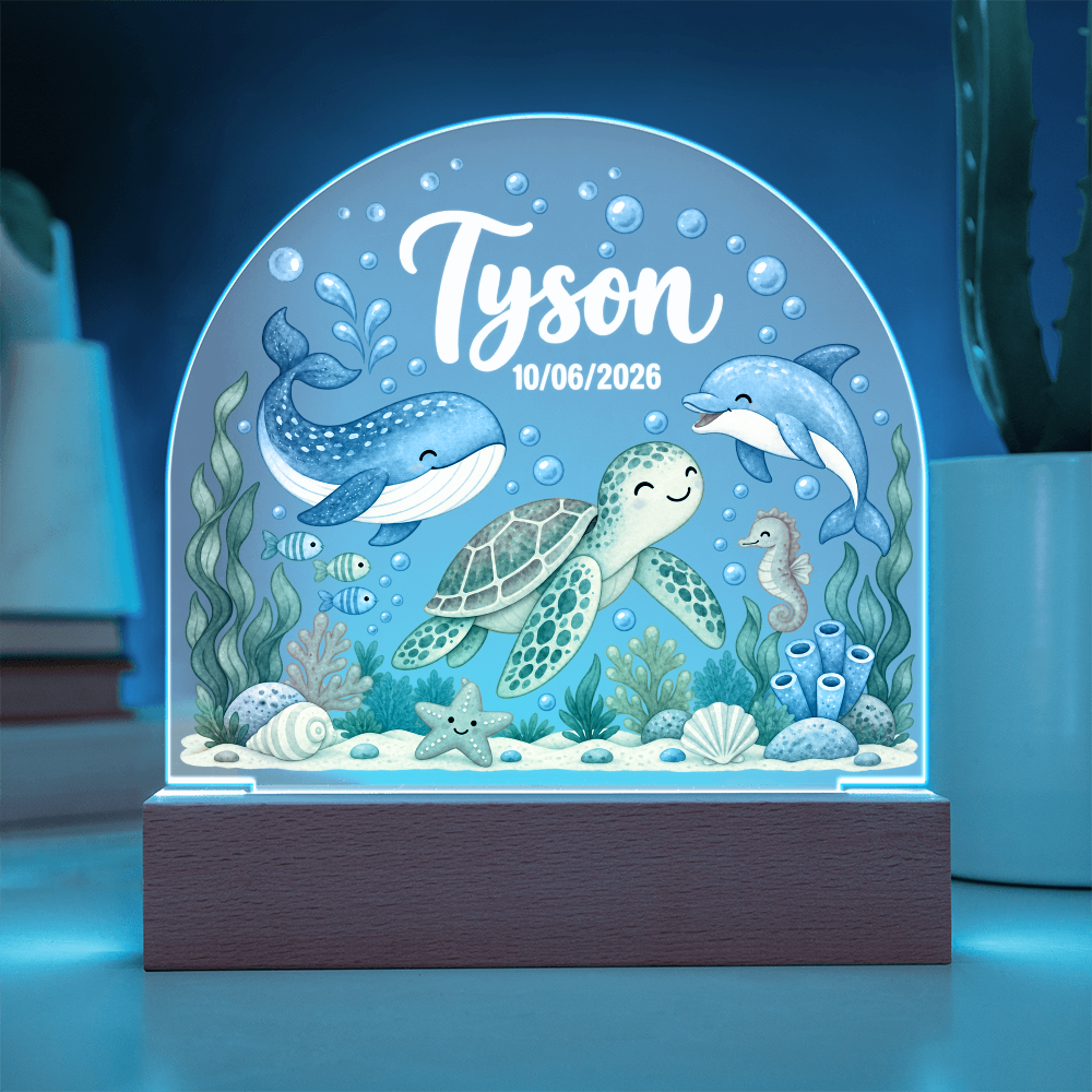 Custom Ocean Nursery LED Plaque – Personalized Name & Date Night Light