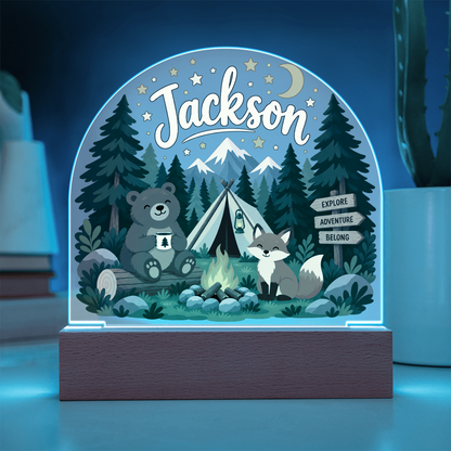 Personalized Woodland Camping LED Night Light – Custom Name Acrylic Plaque for Kids