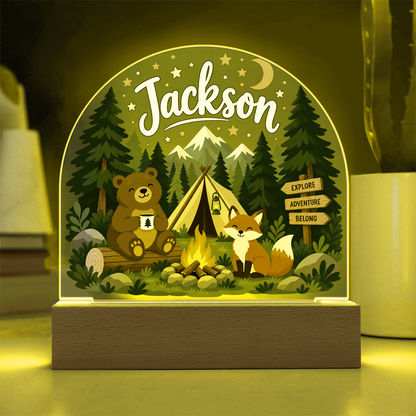 Personalized Woodland Camping LED Night Light – Custom Name Acrylic Plaque for Kids