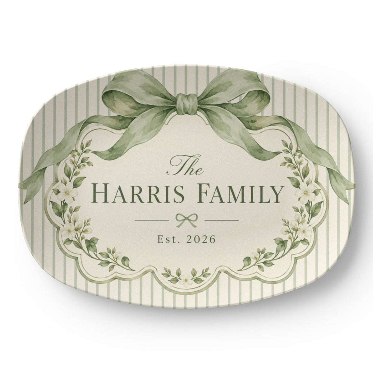 Personalized Family Name Serving Platter – Sage Green Bow & Floral Design