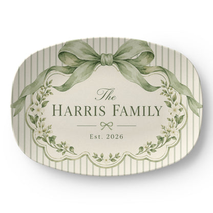 Personalized Family Name Serving Platter – Sage Green Bow & Floral Design