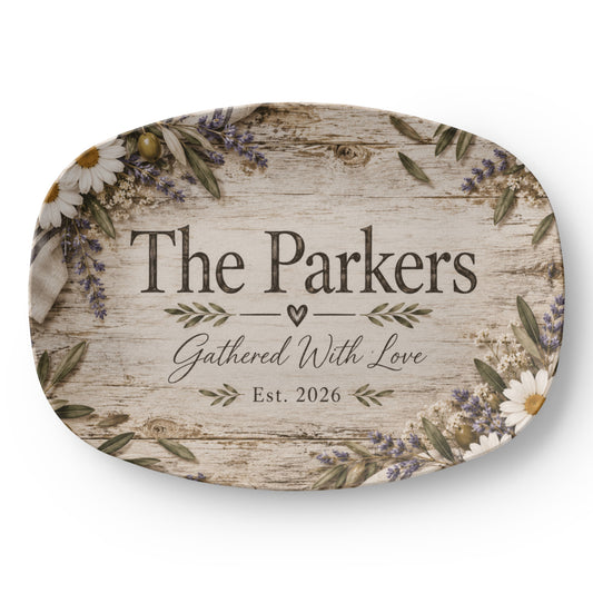 Personalized Rustic Farmhouse Serving Platter – Custom Family Name & Established Year Gift