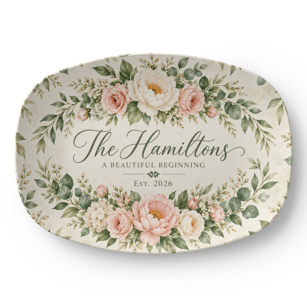 Personalized Floral Family Name Serving Platter – Custom Established Year Wedding & Housewarming Gift