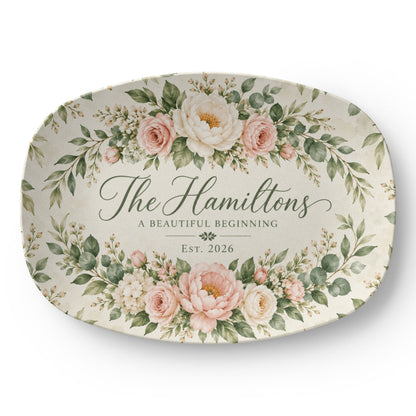 Personalized Floral Family Name Serving Platter – Custom Established Year Wedding & Housewarming Gift