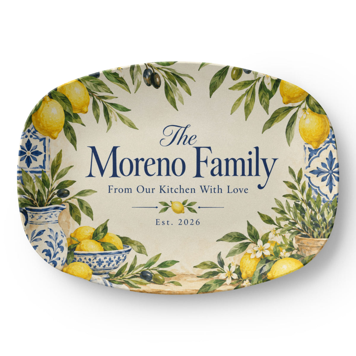Personalized Lemon & Olive Family Name Serving Platter – Mediterranean Kitchen & Housewarming Gift