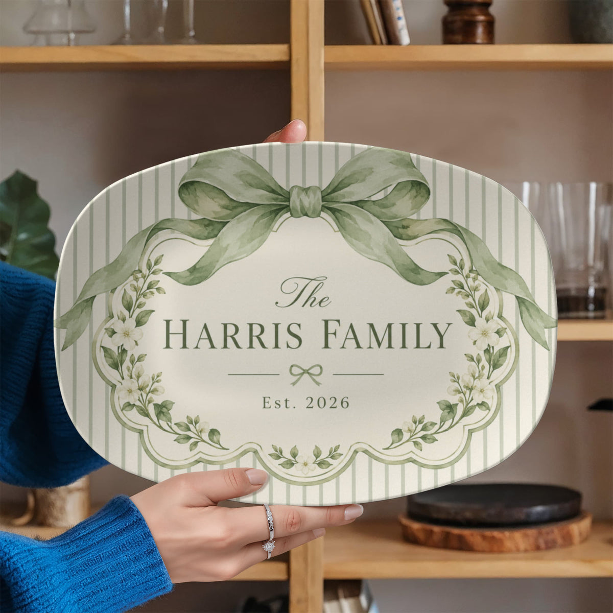 Personalized Family Name Serving Platter – Sage Green Bow & Floral Design