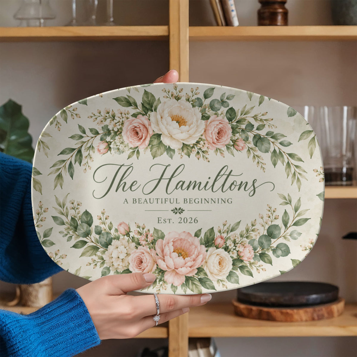 Personalized Floral Family Name Serving Platter – Custom Established Year Wedding & Housewarming Gift