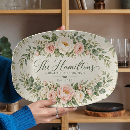 Personalized Floral Family Name Serving Platter – Custom Established Year Wedding & Housewarming Gift