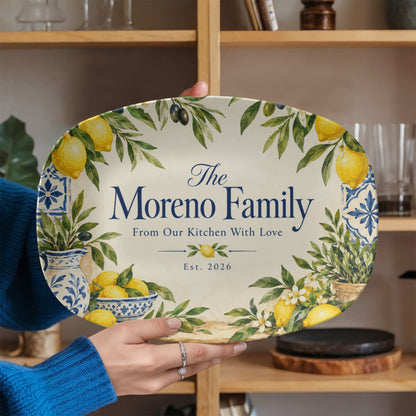 Personalized Lemon & Olive Family Name Serving Platter – Mediterranean Kitchen & Housewarming Gift