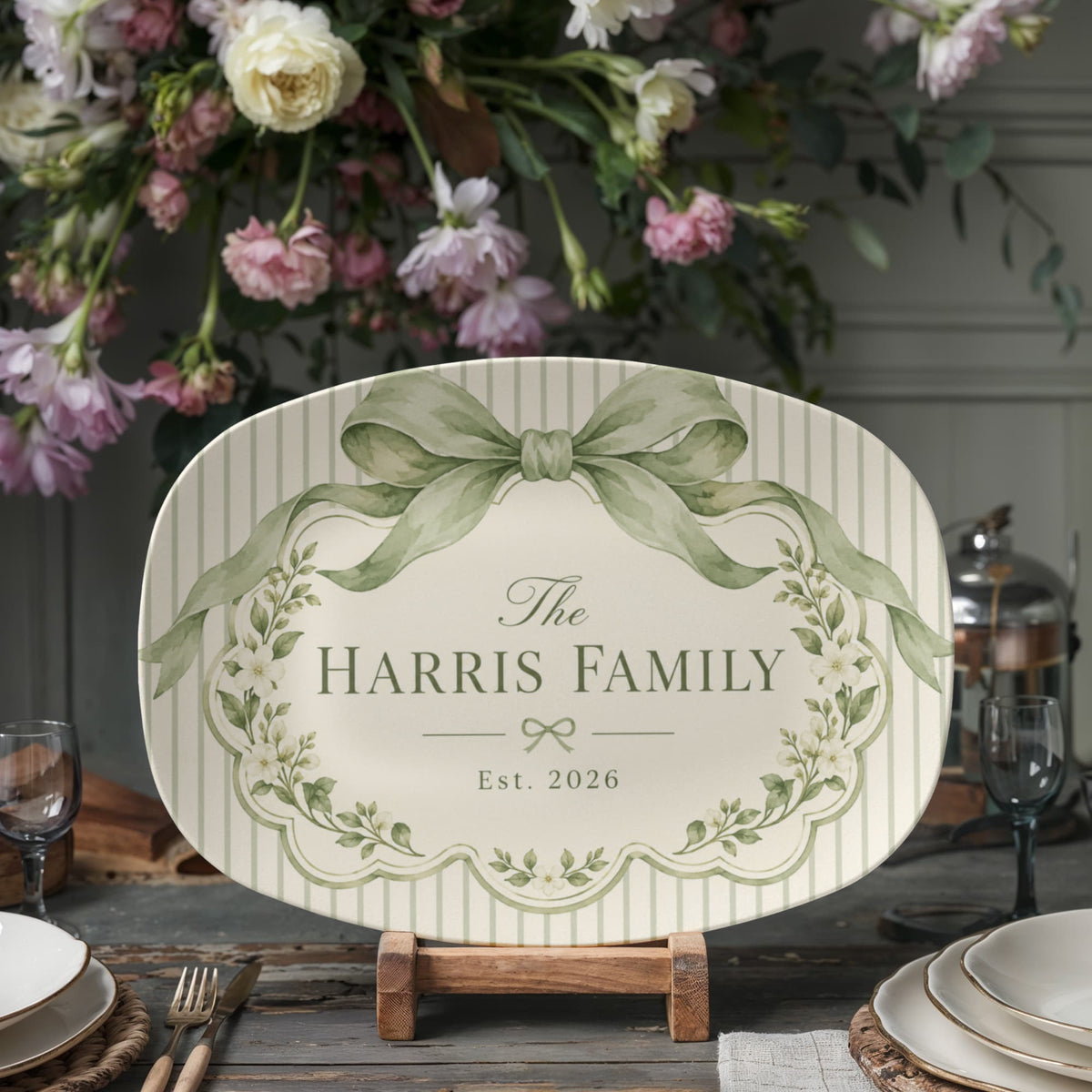 Personalized Family Name Serving Platter – Sage Green Bow & Floral Design