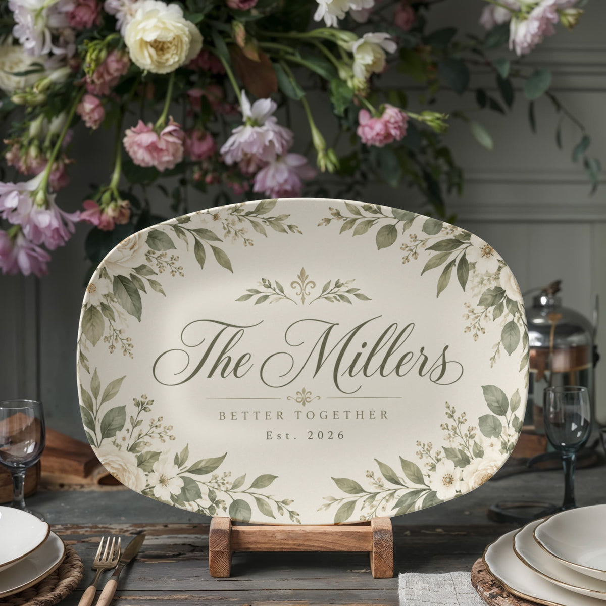 Personalized Better Together Floral Serving Platter – Custom Family Name & Established Year Wedding Gift
