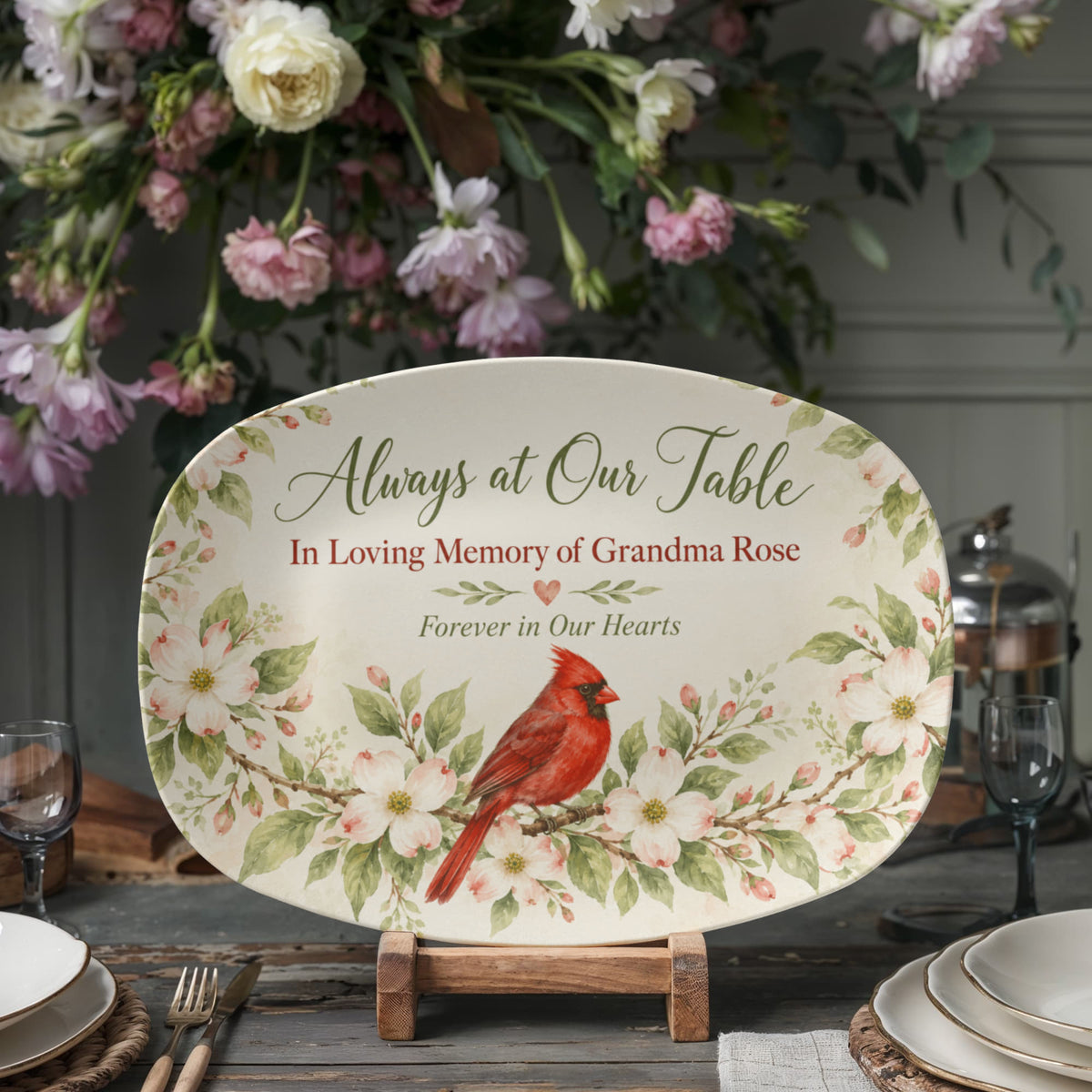 Personalized Memorial Serving Platter – Always at Our Table Cardinal Remembrance Gift