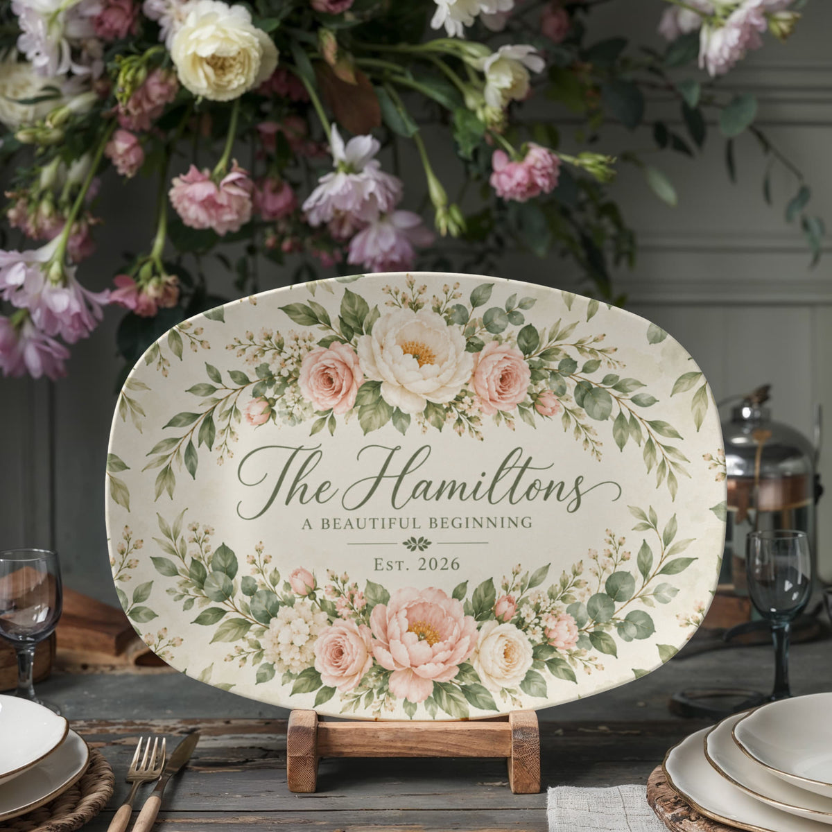 Personalized Floral Family Name Serving Platter – Custom Established Year Wedding & Housewarming Gift