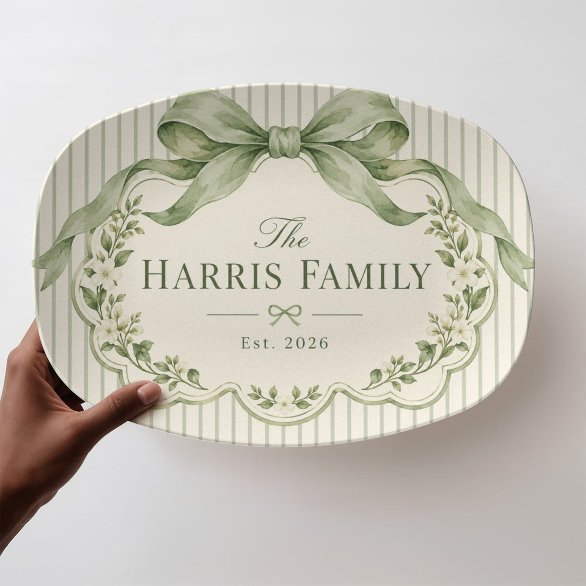 Personalized Family Name Serving Platter – Sage Green Bow & Floral Design