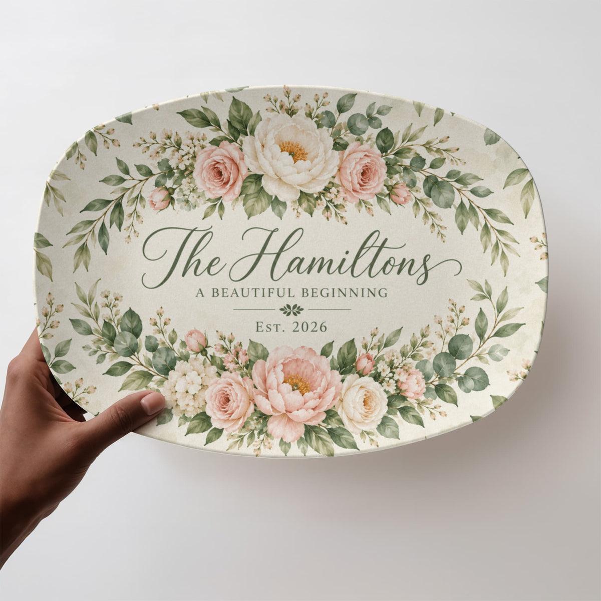Personalized Floral Family Name Serving Platter – Custom Established Year Wedding & Housewarming Gift